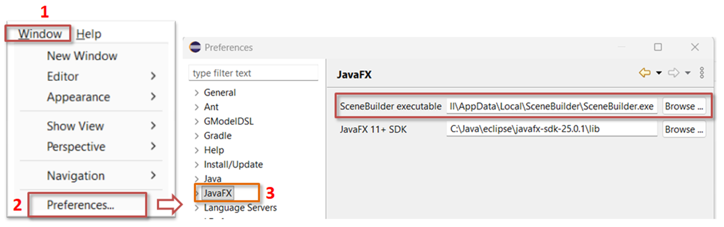 Configuration du chemin Scene Builder dans les préférences Eclipse